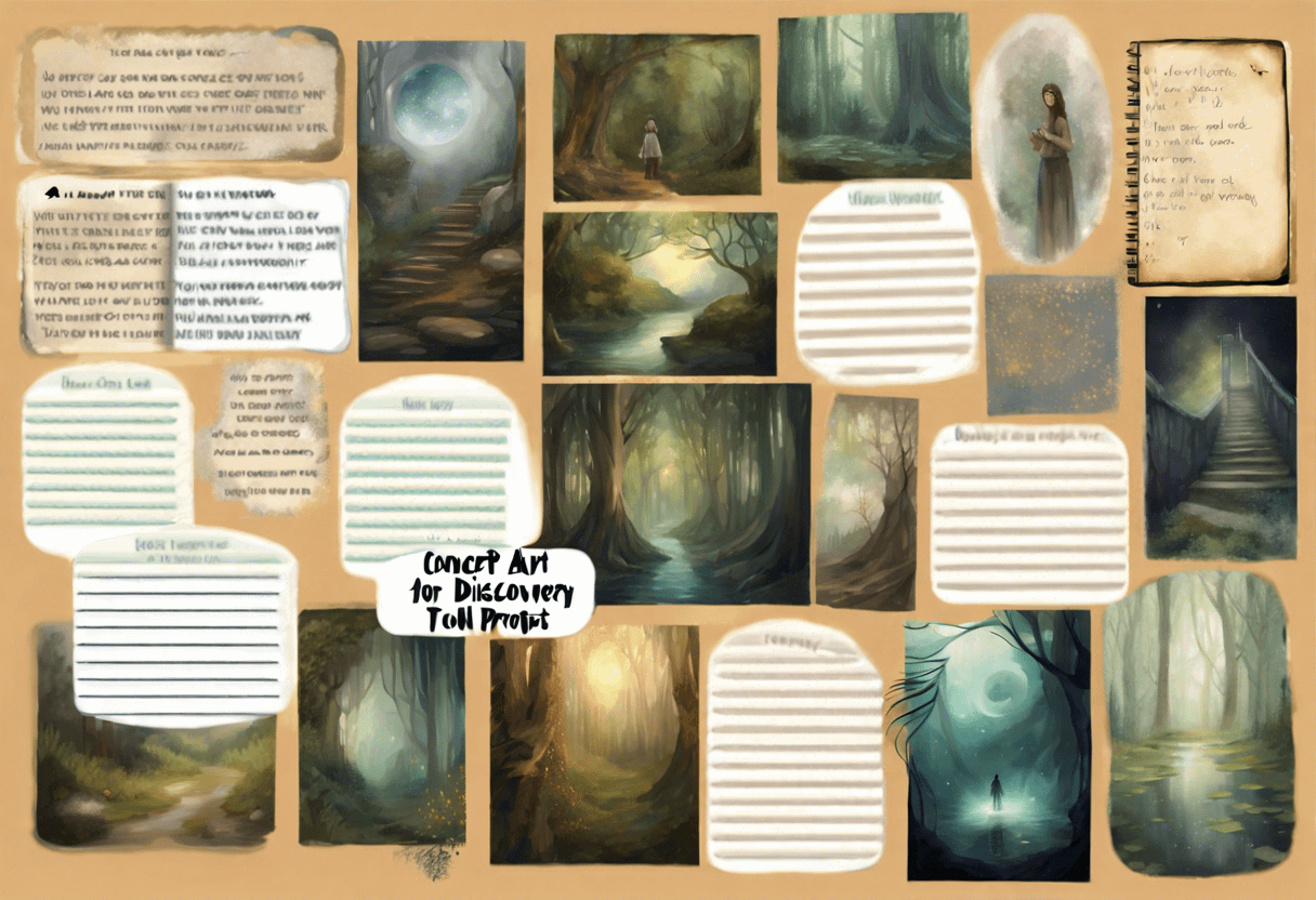 A collection of concept art for a "Discovery Tool Project" featuring a mystical forest with various scenes. Includes typed notes, handwritten text, and sketches of forest paths, moonlit clearings, and a cloaked figure. Some notes and papers are partially filled or blank.