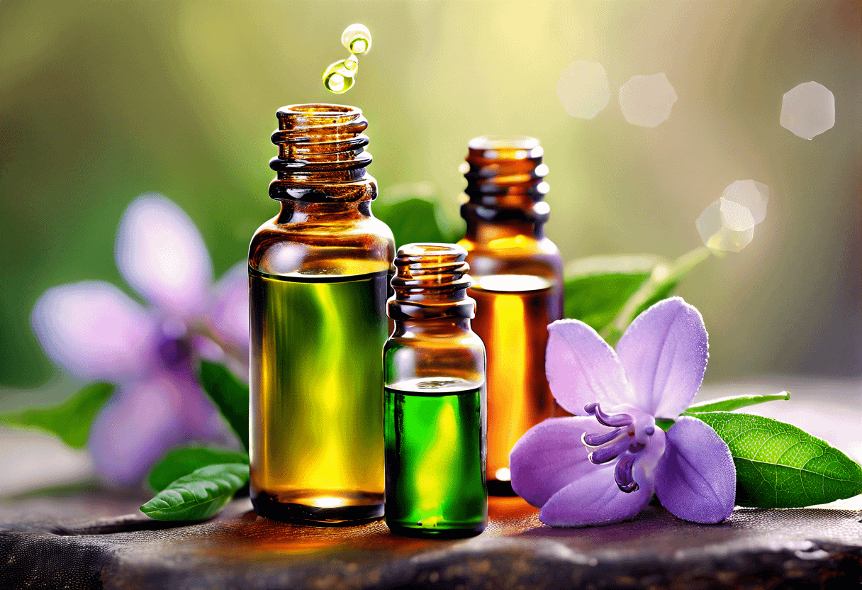 Three glass bottles containing various essential oils are placed among green leaves and purple flowers. One amber bottle is open with a dropper suspended above it, releasing drops of oil. Soft light and bokeh effects create a serene and natural ambiance.