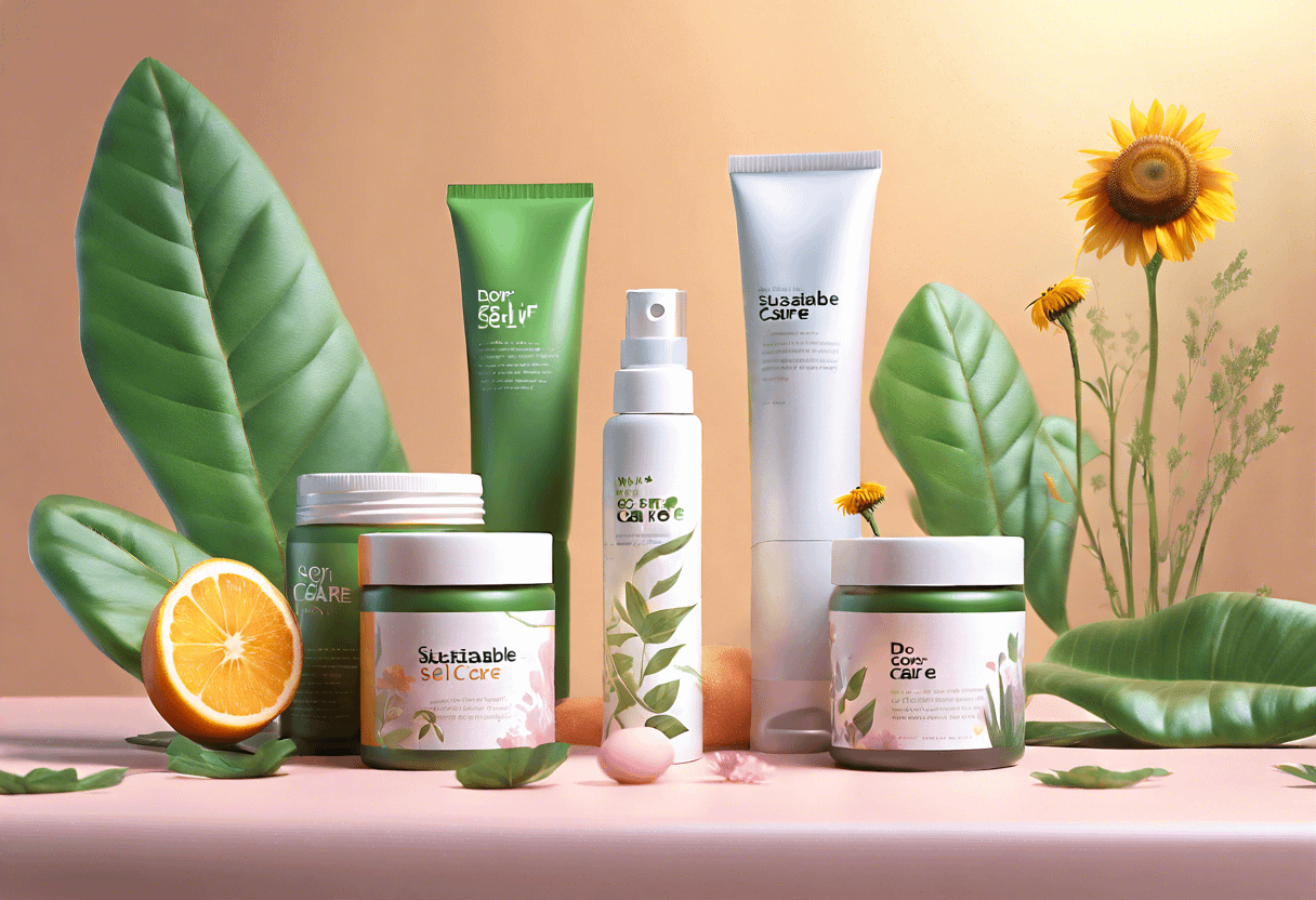 A display of various skincare products in green and white containers, arranged on a pink surface. The arrangement includes jars, tubes, and spray bottles among green leaves, a sunflower, a yellow flower, and half an orange slice in the background.