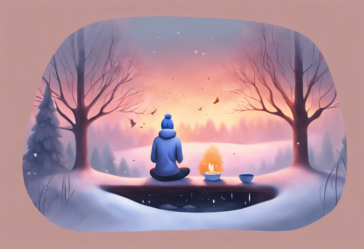 A person in a blue hooded jacket and beanie sits cross-legged in meditation by a small fire outside in a snowy landscape. Bare trees flank the scene as birds and leaves swirl in the air during a serene, colorful sunset. A bowl is placed beside the fire.