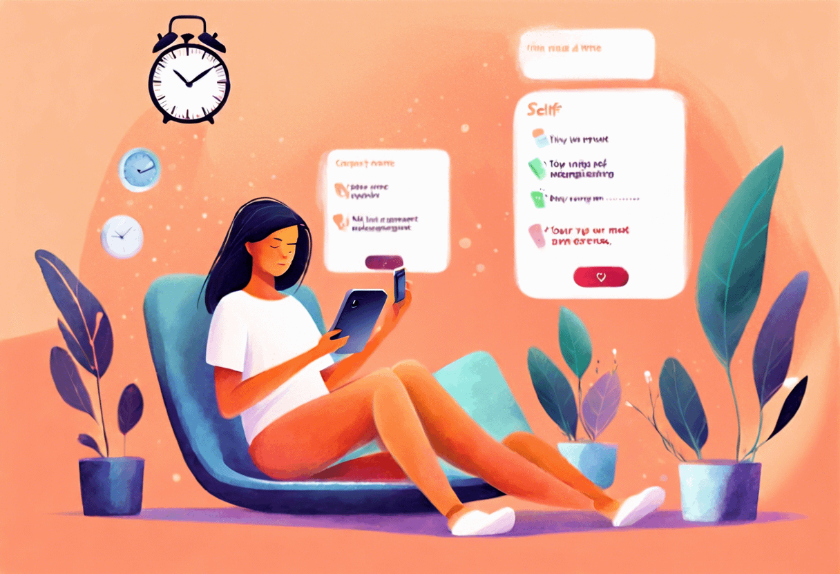 A woman sits on a modern chair, using a tablet. Surrounding her are plants and floating interfaces showing tasks and reminders. A clock hovers in the top left corner. The background is a soft, warm gradient of orange and peach tones.