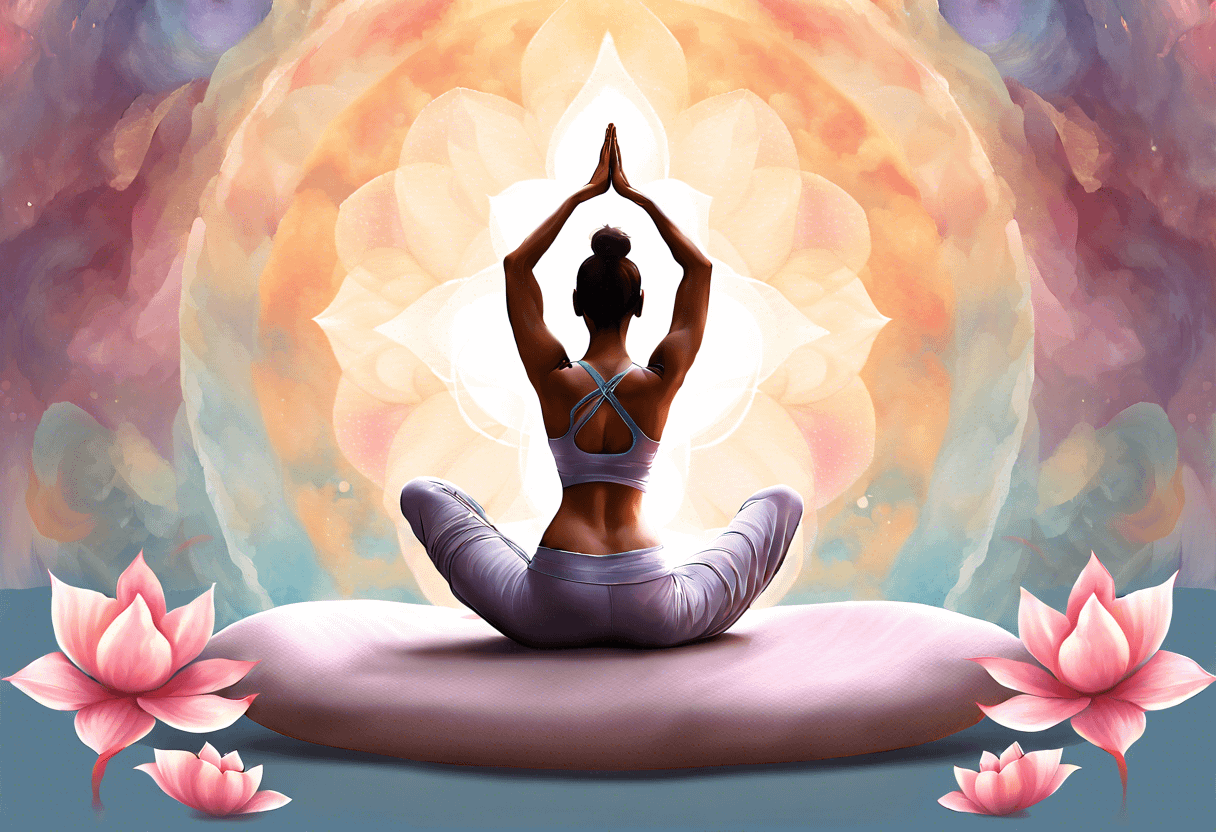 A person sits cross-legged on a cushion in a meditative pose with hands joined above their head. They are surrounded by pastel-colored lotus flowers, and a bright, abstract mandala glows behind them, set against a dreamy, cloud-like background.