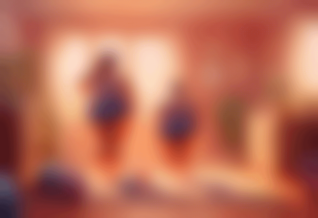 A blurry image of two people possibly dancing or performing in a warmly lit room. The background appears to be decorated with plants and furniture, and there might be props or equipment on the floor. The overall scene has a cozy and energetic atmosphere.