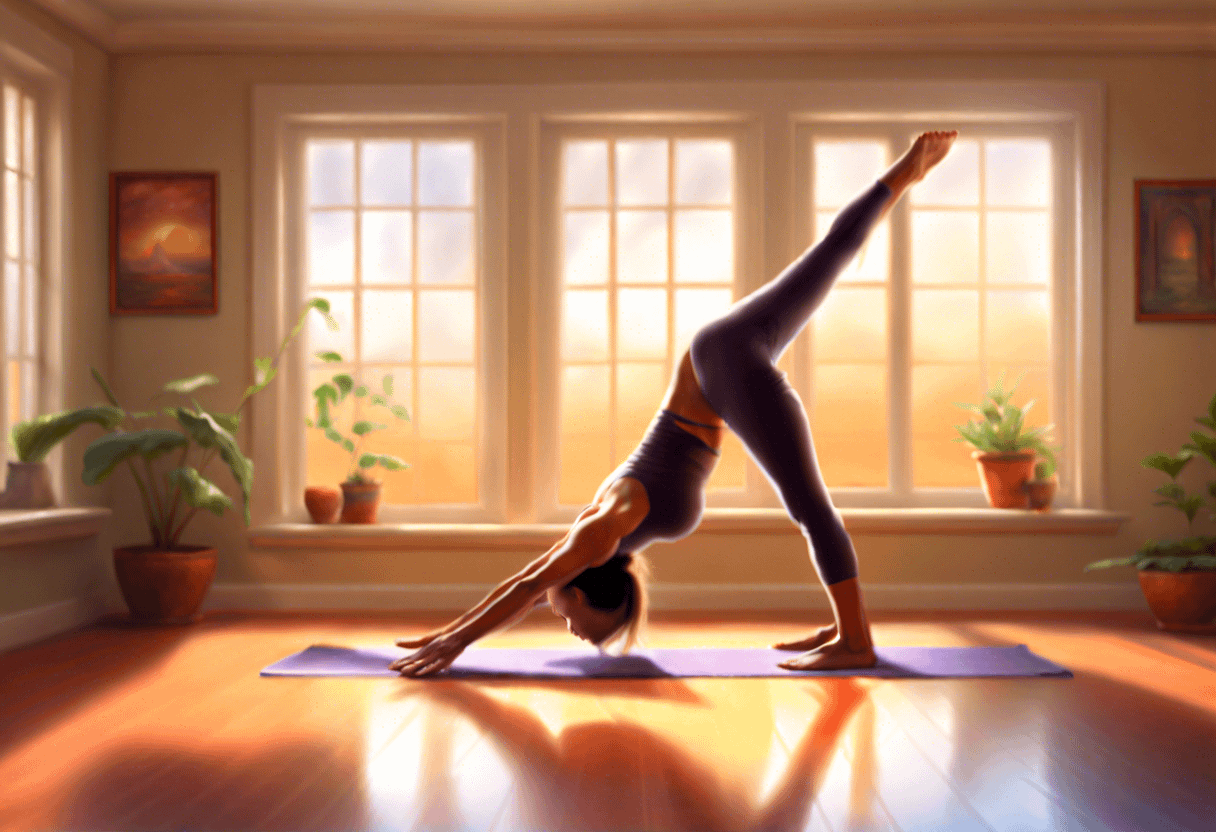 A person practices yoga in a brightly lit room with large windows. They are in a downward-facing dog pose, with one leg extended upward. The room has wooden floors and is decorated with several potted plants. Sunlight filters in, casting a warm glow.