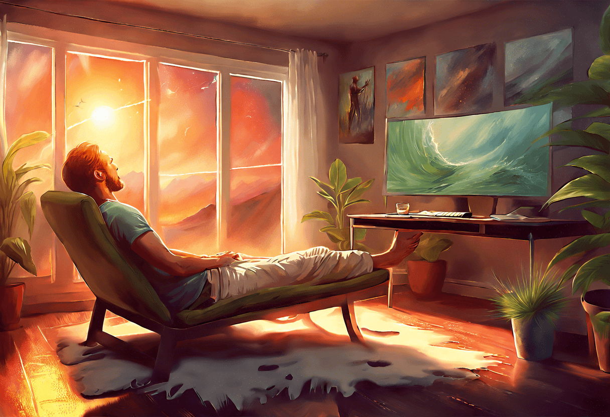 A person is reclining on a modern lounge chair in a room with large windows. The sun is setting outside, casting a warm glow. The room features several plants, wall art, and a large screen displaying an ocean wave. The atmosphere is serene and cozy.