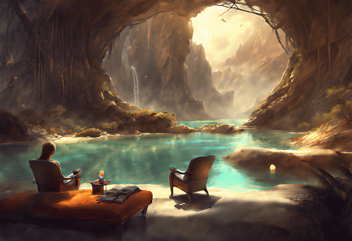 A serene scene inside a cave with turquoise water, a small waterfall, and mountainous view in the distance. A person sits on a lounge chair reading under warm light with another empty chair nearby, creating a peaceful, idyllic atmosphere.