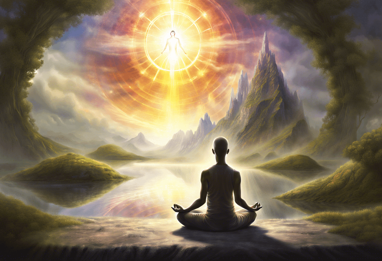 A person sits in a meditative posture by a serene lake, surrounded by lush mountains. Above, a radiant, golden figure emanates light, creating a mystical and peaceful atmosphere. The scene evokes tranquility and spiritual connection.