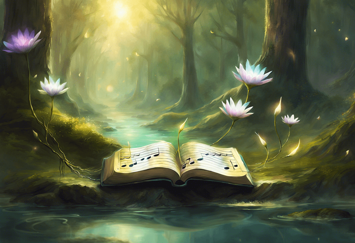 An open book with musical notes rests in a serene forest. Light beams shine through the trees, and glowing flowers with delicate vines grow from the book's pages. A tranquil stream flows nearby, reflecting the forest's magical ambiance.