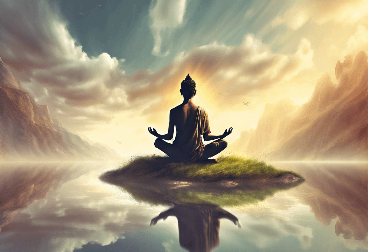 A serene scene depicts a figure in meditation, seated on a small grassy island surrounded by calm water. The sky is filled with soft, golden clouds, and towering mountains fade into the distance, creating a peaceful, reflective atmosphere.