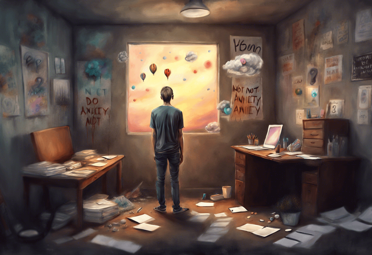 A person stands in a cluttered room facing a window with a vibrant sky and hot air balloons. The room has scattered papers, a desk with a computer, and motivational posters on the walls. The atmosphere outside contrasts with the chaos inside.