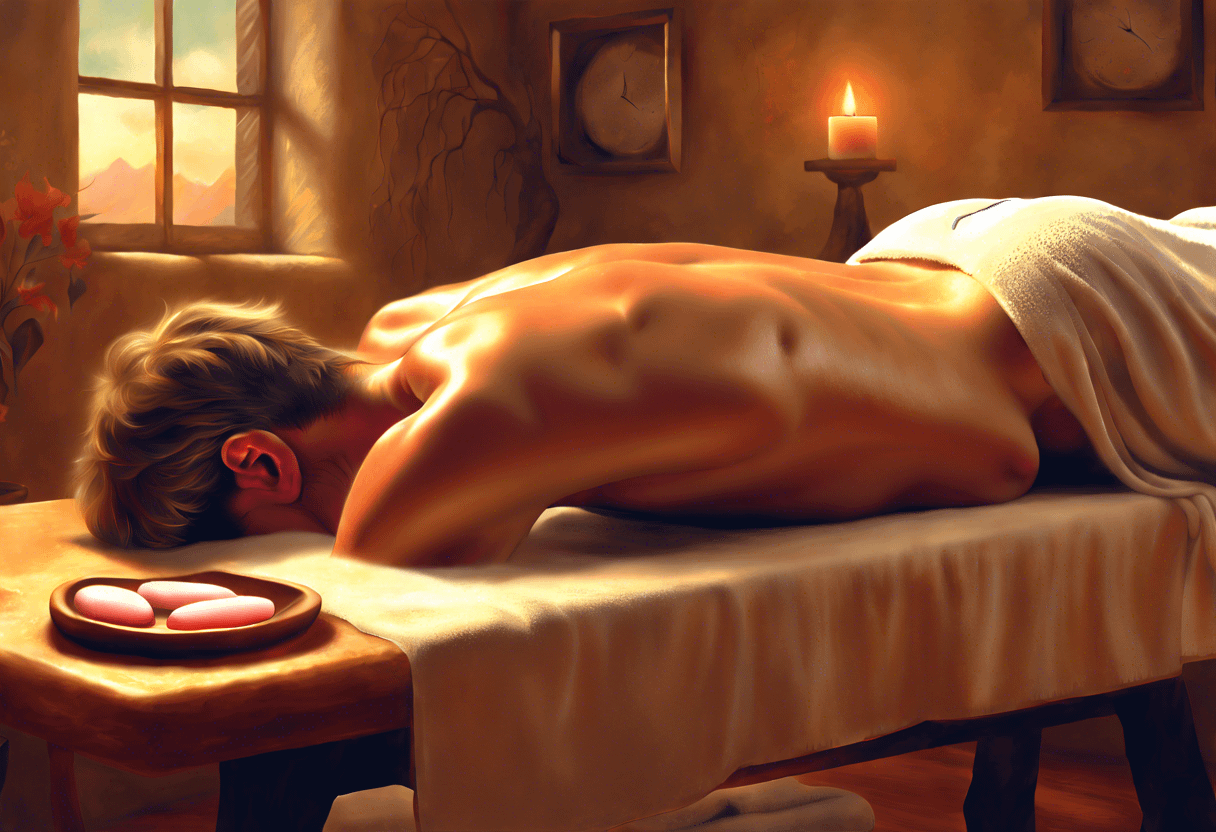 A person lies face down on a massage table in a dimly lit room with warm tones. A candle burns on a table nearby, and a tray with three smooth stones is placed near their head. A window in the background illuminates the scene with soft, natural light.