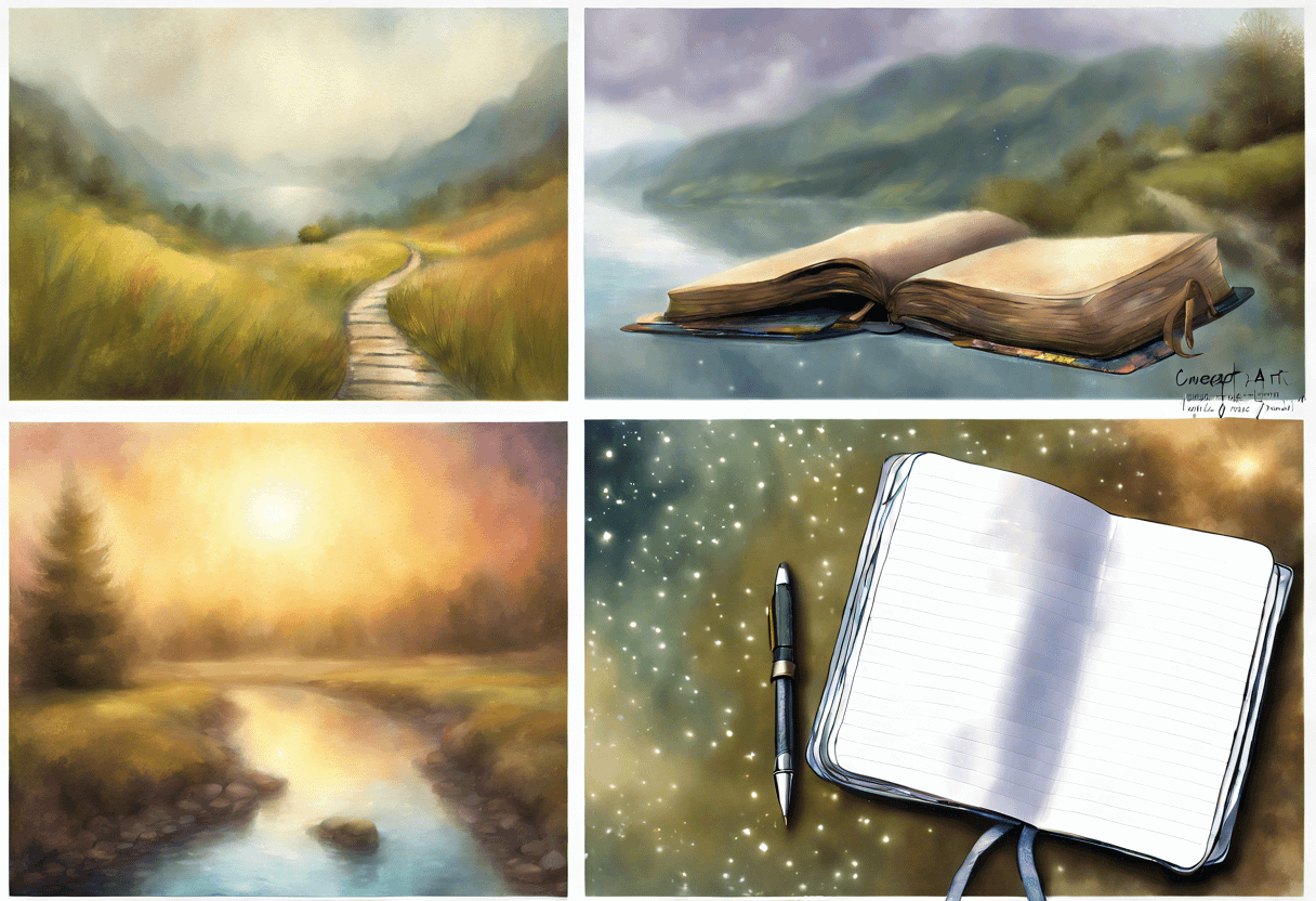 A quartet of concept art images: a winding path through a serene valley, an open book beside a calm lake, a tranquil forest scene with a glowing sunset, and an open journal with a pen on a starry, dreamy background.
