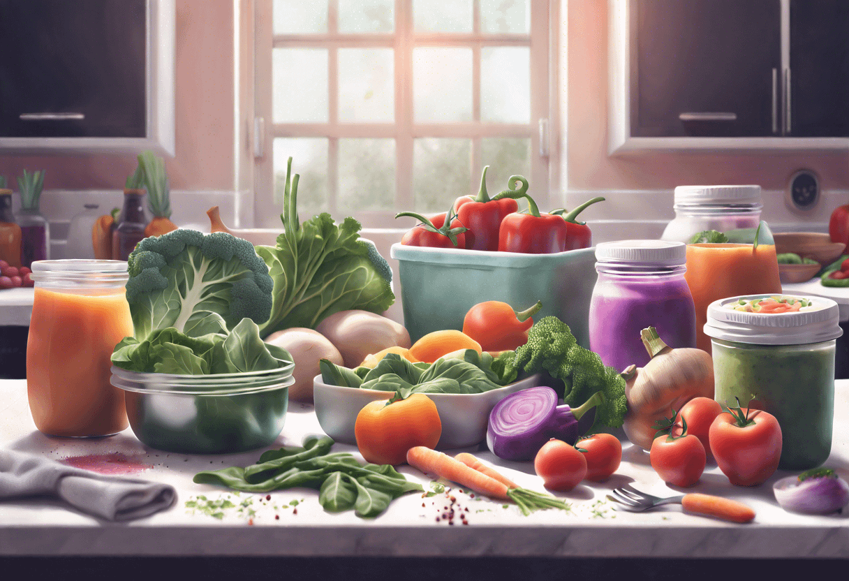 A kitchen counter filled with various fresh vegetables and prepared foods. There are green leafy vegetables, tomatoes, bell peppers, broccoli, carrots, purple cabbage, jars of juice, and dips. The background shows a window with sunlight streaming in.