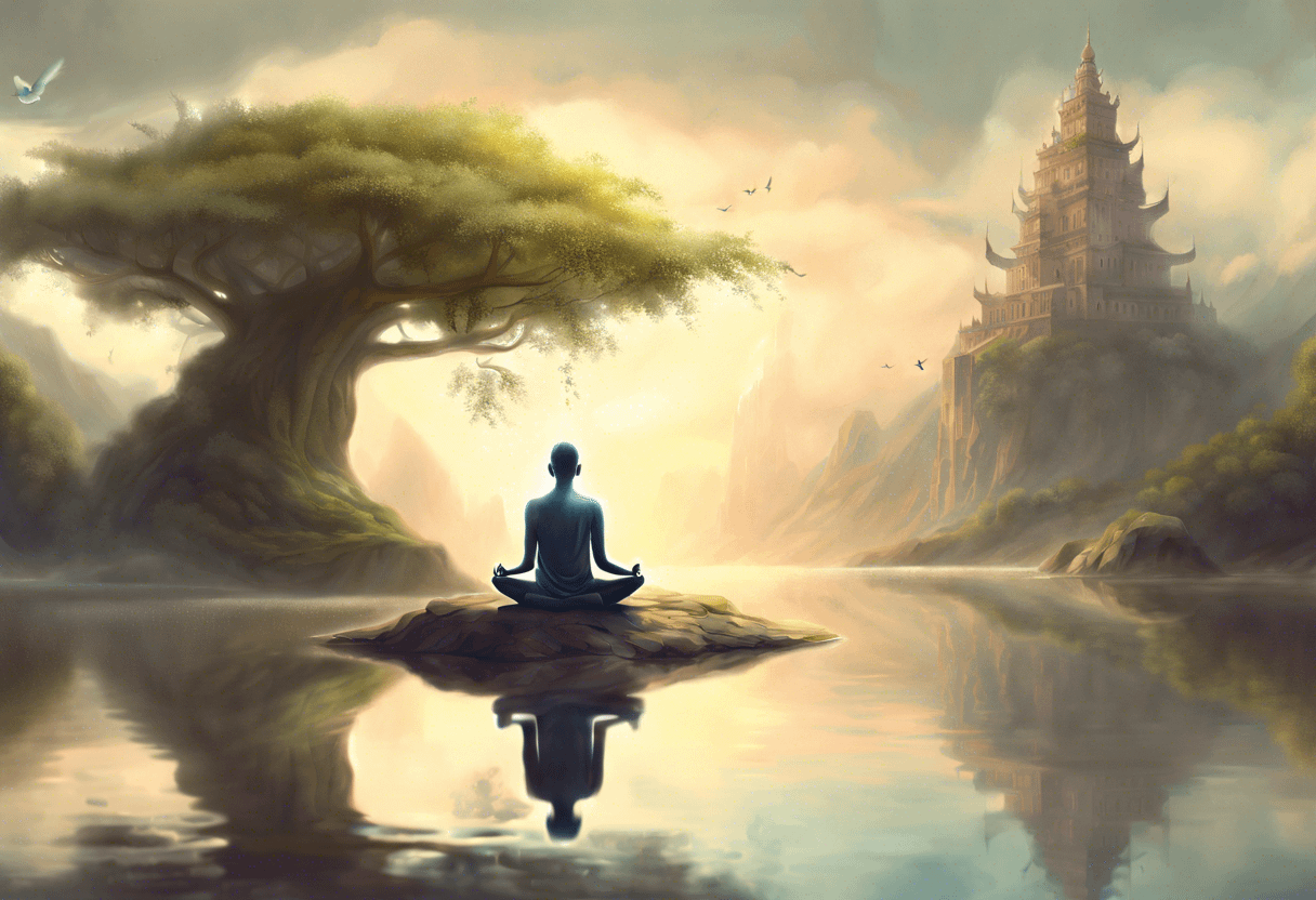 A serene scene featuring a figure meditating on a small rock in the middle of a calm lake, surrounded by mist. A large tree and a majestic temple-like structure on a hill are visible in the background, with birds flying in the sky.