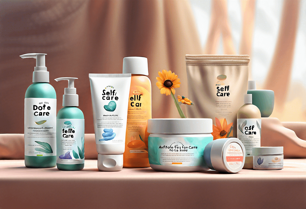 A neatly arranged display of various skincare products, including bottles, tubes, jars, and containers, with labels such as "Self Care," "Body Care," and "Skin Care." The background features a soft, pastel-colored draped fabric and two vibrant sunflowers.