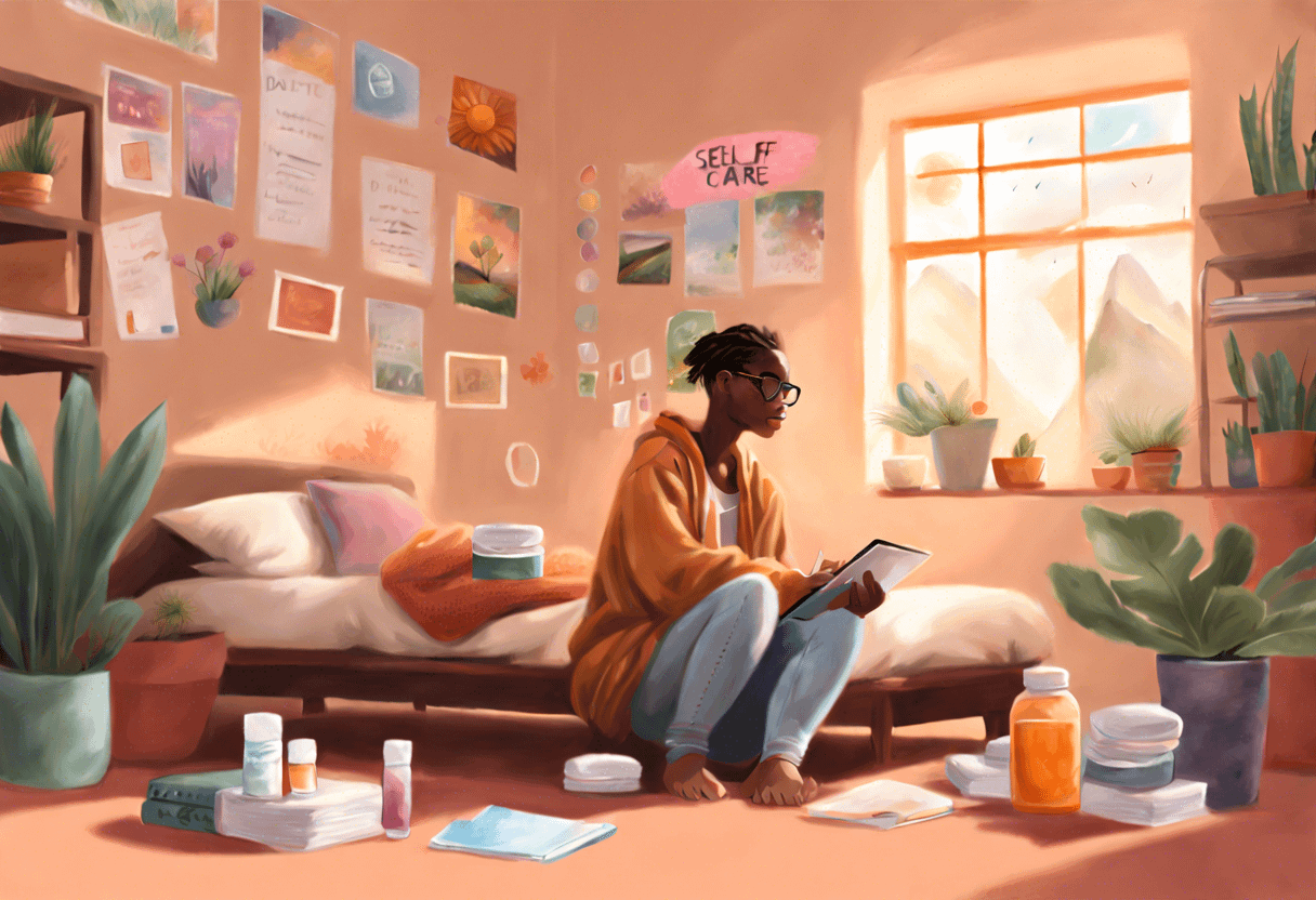 A person sits cross-legged on the floor of a cozy, sunlit room, reading a book. The room is decorated with various posters, plants, and a large window showing mountains in the background. Books, skincare products, and magazines are scattered around the person.