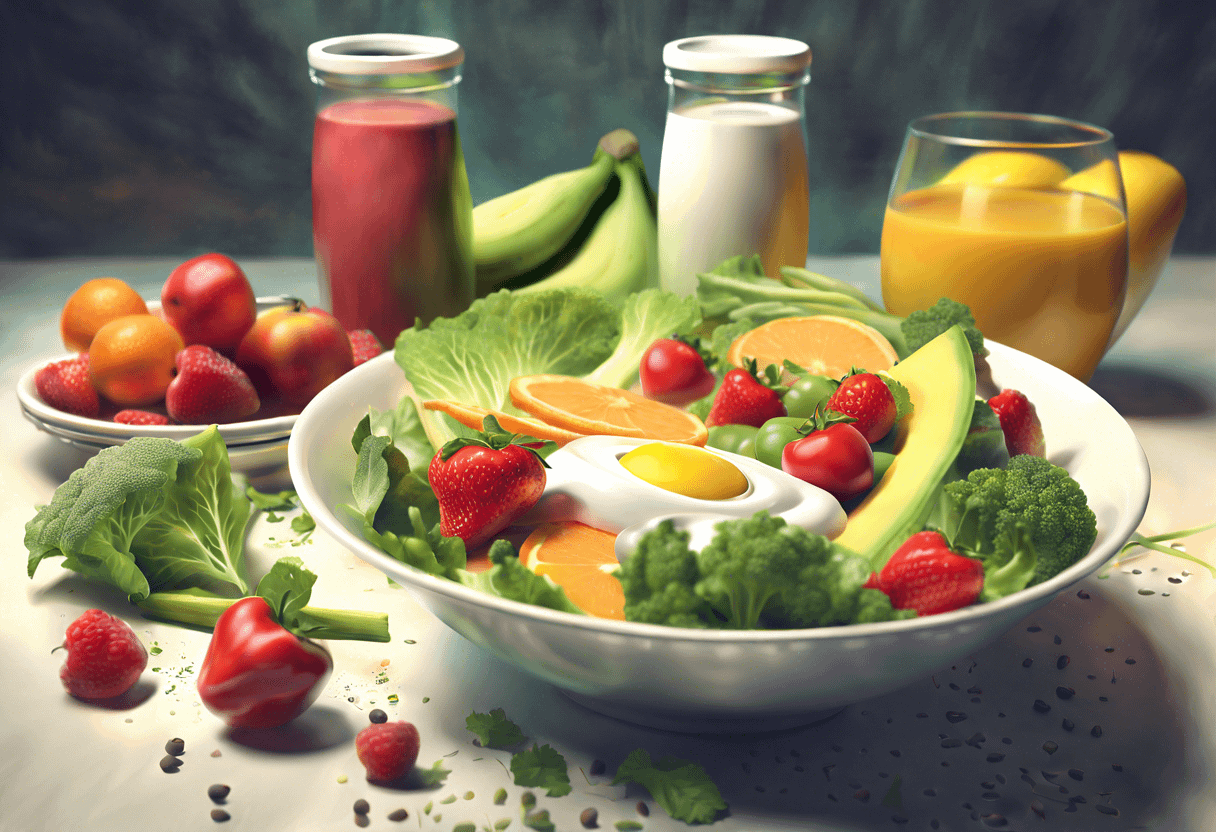 A vibrant salad with avocado, strawberries, orange slices, and greens in a white bowl. Surrounding it are bananas, bell peppers, jars of smoothies, a glass of orange juice, a bowl of strawberries, tomatoes, and lettuce.