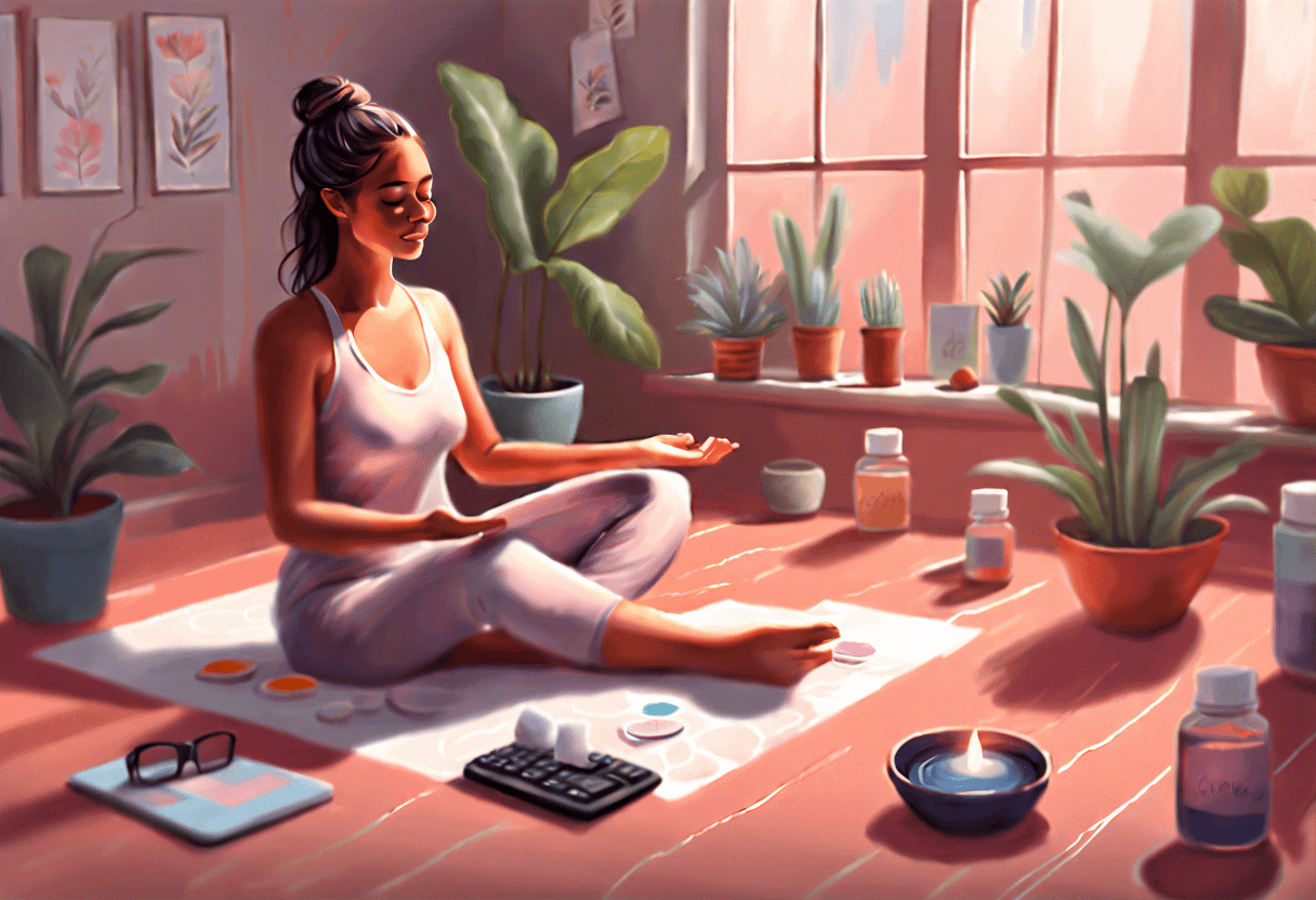 A woman in yoga attire meditates in a sunlit room surrounded by plants and wellness items like candles, bottles, and supplements. She sits cross-legged on a yoga mat with closed eyes, exuding calmness and tranquility. Nearby, glasses, a journal, and a calculator rest on the floor.