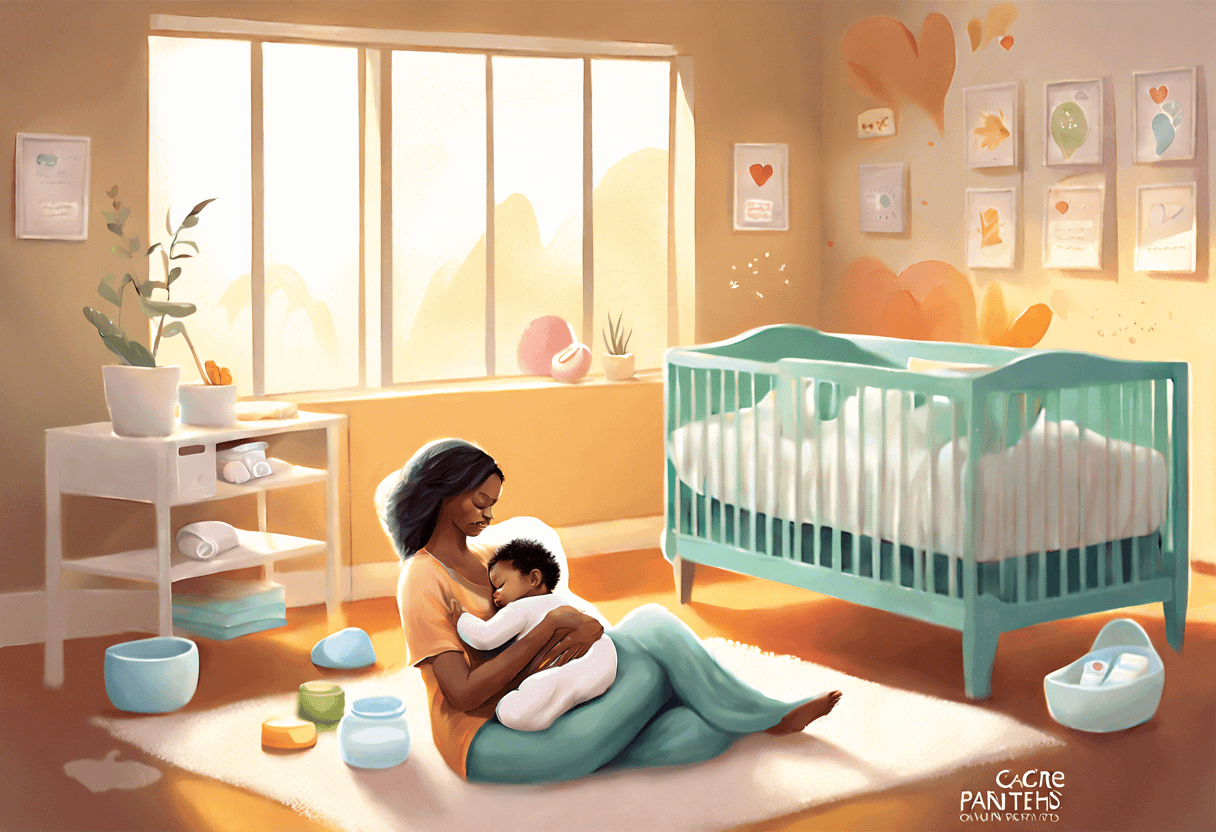 A serene illustration of a mother lovingly holding her baby while sitting on the floor, surrounded by pastel-colored toys in a sunlit nursery. The room features a teal crib, wall art, a changing table, and large windows letting in soft sunlight.