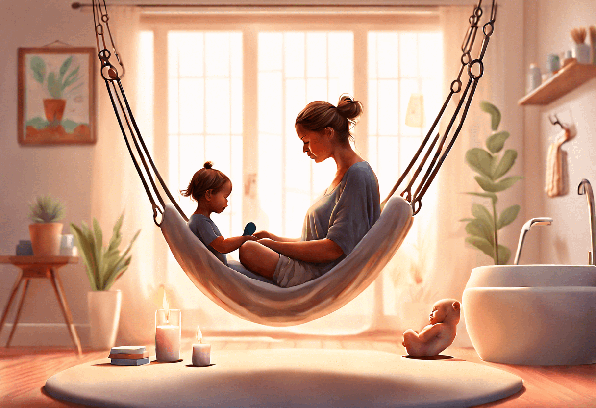 A serene scene of a mother and child sitting on a hammock in a bright, cozy room. The mother and child face each other, engaging in a quiet moment. The room is decorated with plants, a bathtub, and warm lighting. A baby doll sits nearby on the floor.