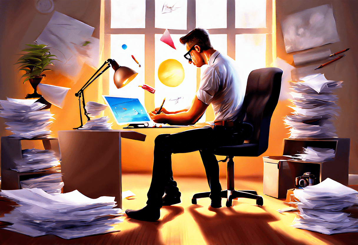 A focused person sits at a cluttered desk with stacks of papers and folders around them, working on a laptop. Natural light floods the room from a large window behind, illuminating flying papers and stationery items. A small potted plant and a lamp are on the desk.