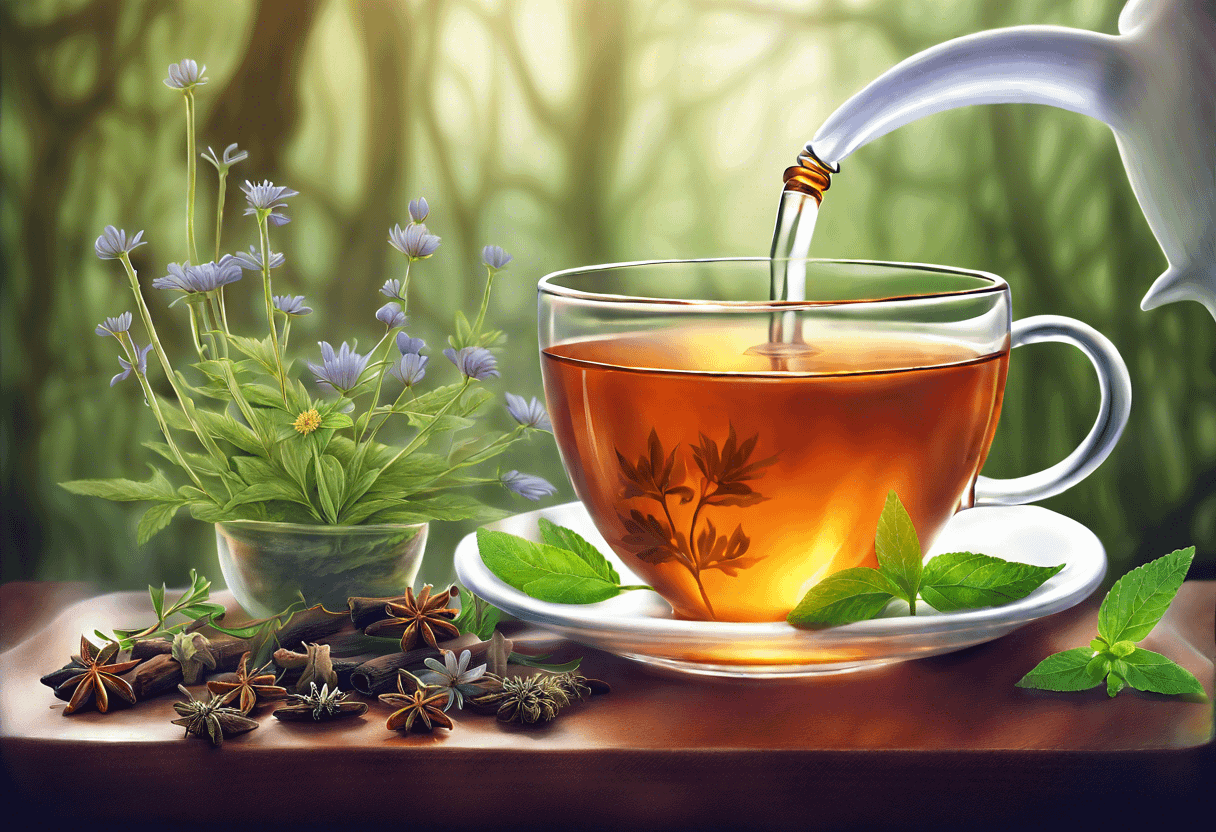 A steaming cup of herbal tea is being poured from a white teapot into a clear glass cup. Fresh green leaves and star anise pods rest beside the cup. In the background, there is a small pot with blooming lavender flowers. The scene is set in a serene, green forest.