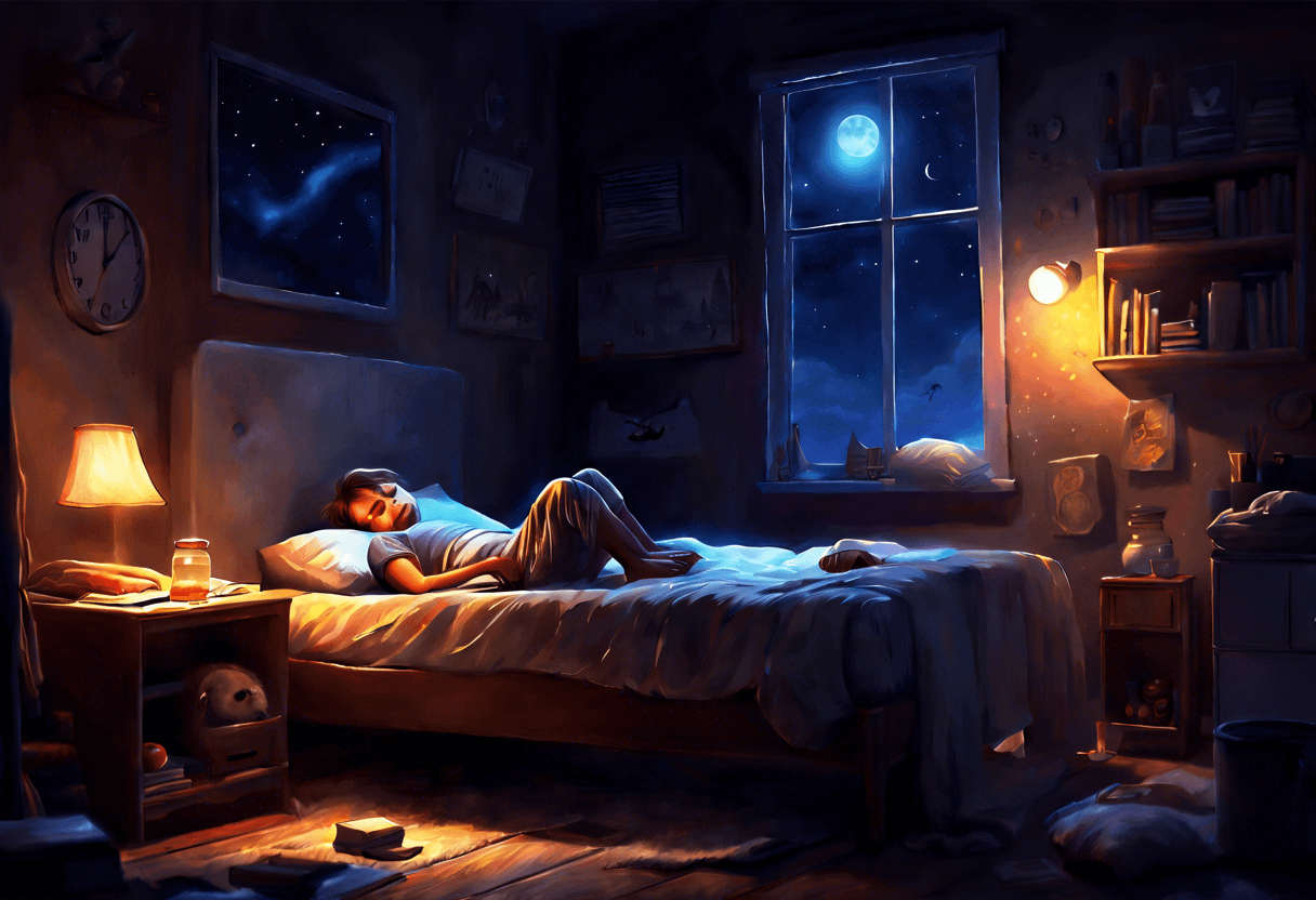 A person sleeps peacefully in a cozy, dimly lit bedroom at night. The room features a glowing bedside lamp, a clock, and a book on a nightstand. The window shows a starry sky with a full moon. Shelves with books and framed pictures adorn the walls, adding warmth to the scene.
