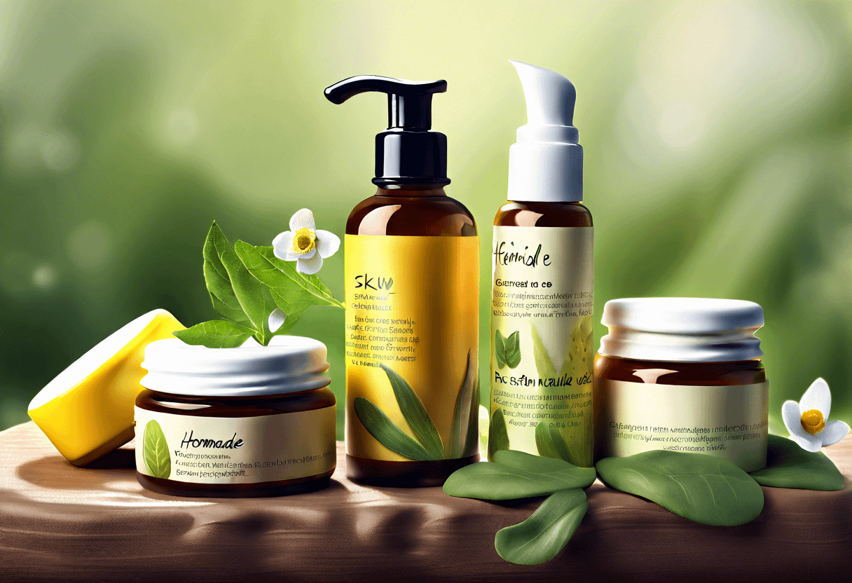 A collection of skincare products displayed on a wooden surface with green leaves and white flowers. The products include jars and bottles with different types of dispensers. The labels feature text and green leaf designs, creating a natural, botanical theme.