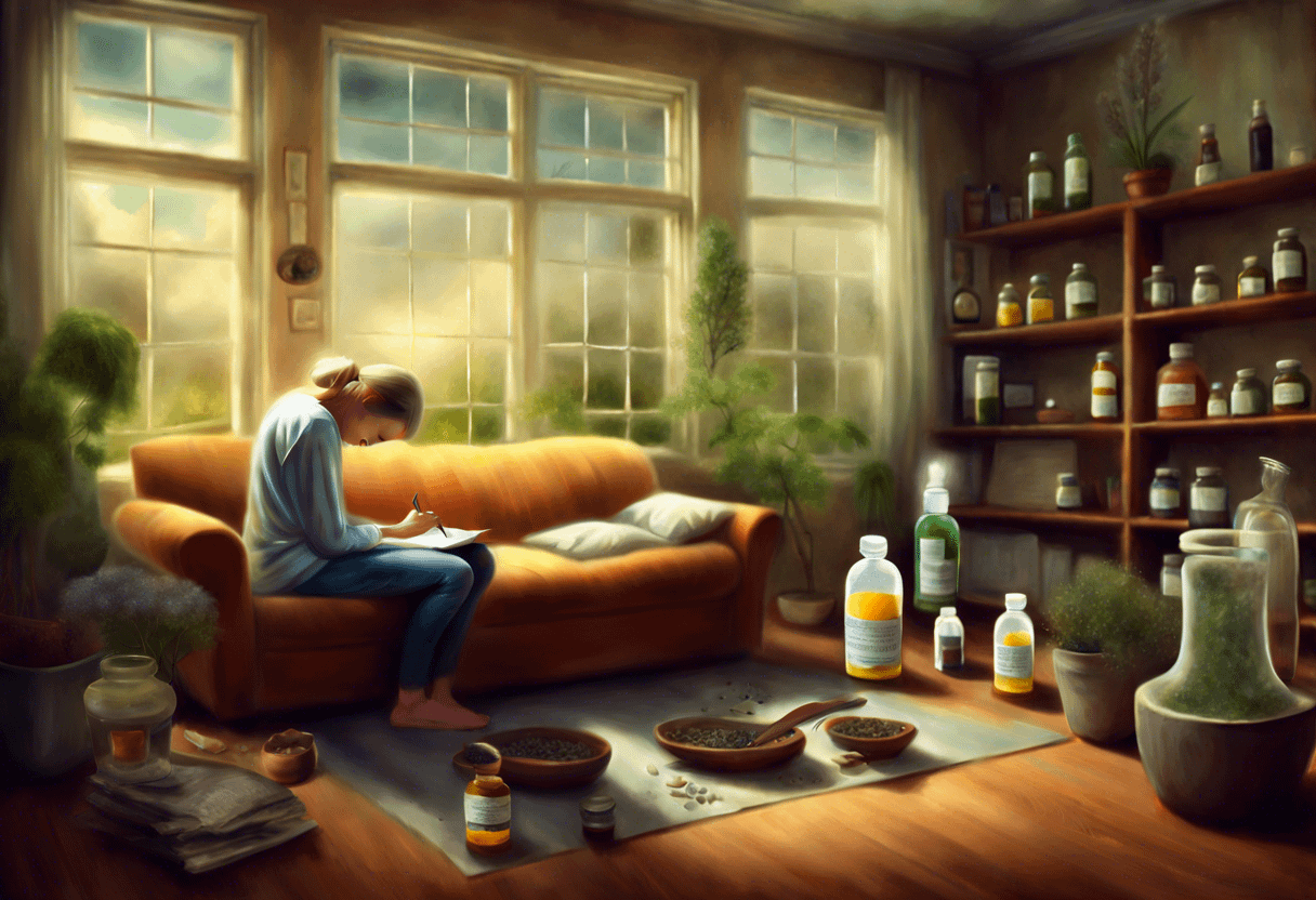 A person sits on an orange couch, writing in a notebook, surrounded by various herbs, plants, and glass bottles filled with liquids and powders. Sunlight streams through large windows, illuminating the room filled with natural and botanical elements.