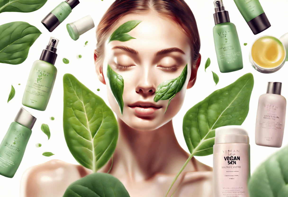A serene woman with her eyes closed, adorned with green leaves on her face, is surrounded by various green skincare products, including bottles and jars labeled "VEGAN." The composition emphasizes a natural and eco-friendly skincare theme.
