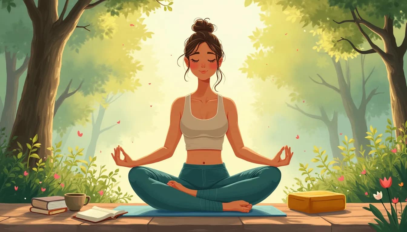 A serene, peaceful woman practicing yoga in a tranquil outdoor setting, surrounded by nature with gentle sunlight filtering through the trees. She has a ca