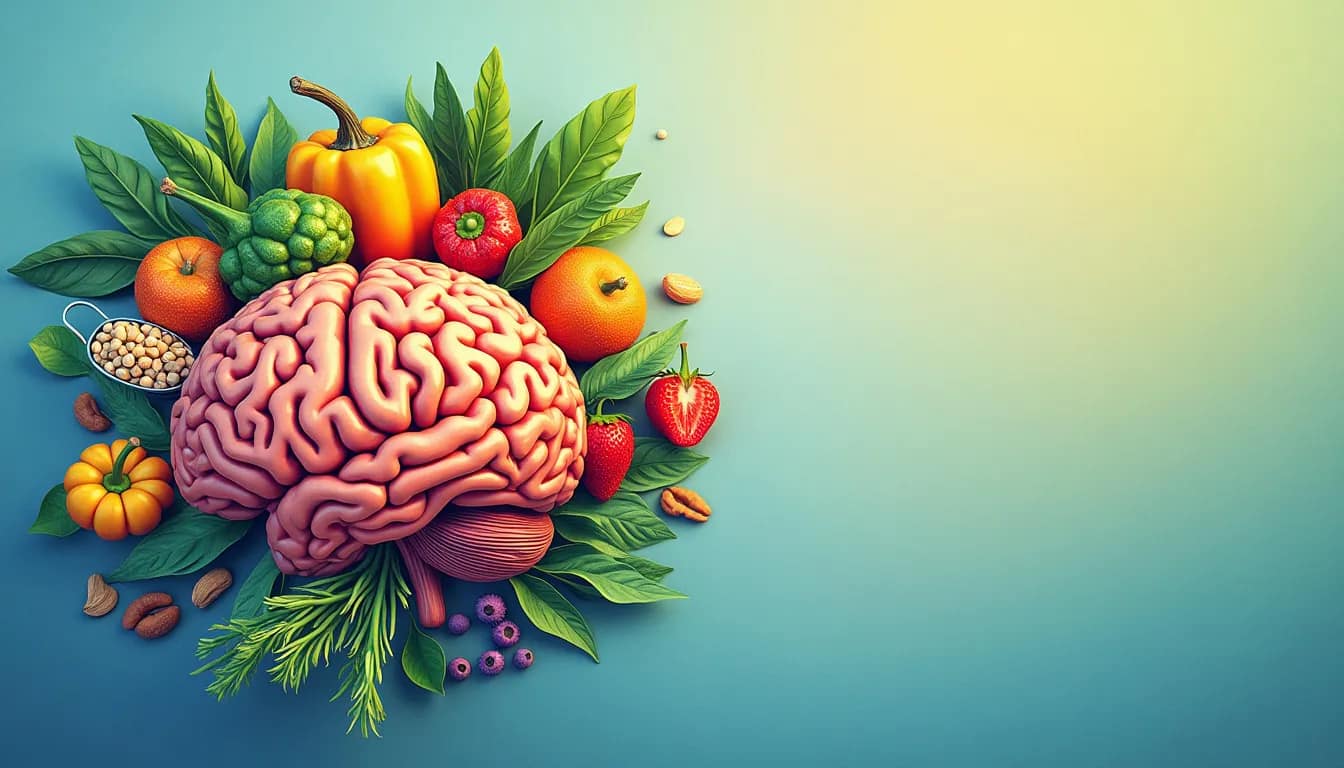 A detailed and vibrant illustration showing a brain and a variety of colorful, healthy foods like fruits, vegetables, nuts, and grains arranged around it.