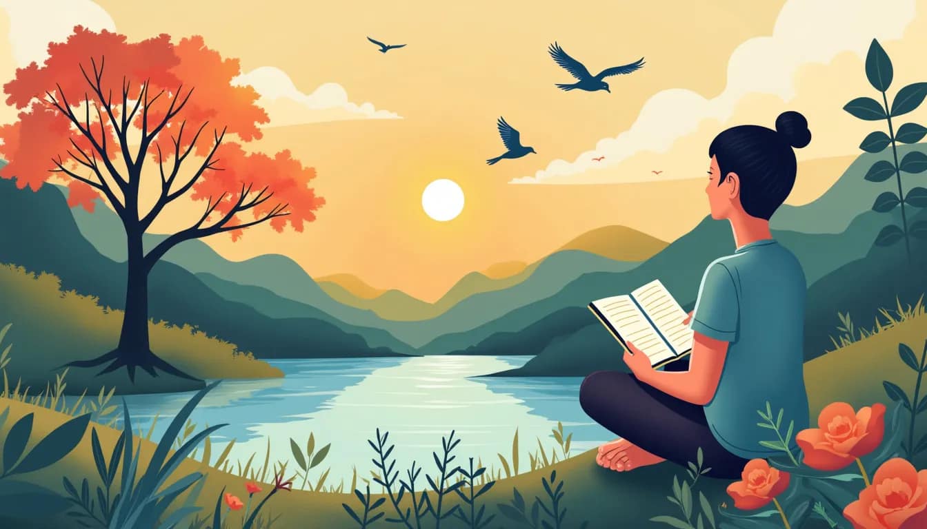 Create an image depicting a serene scene with a person practicing self-care activities such as meditation, journaling, and taking a walk in nature. The bac