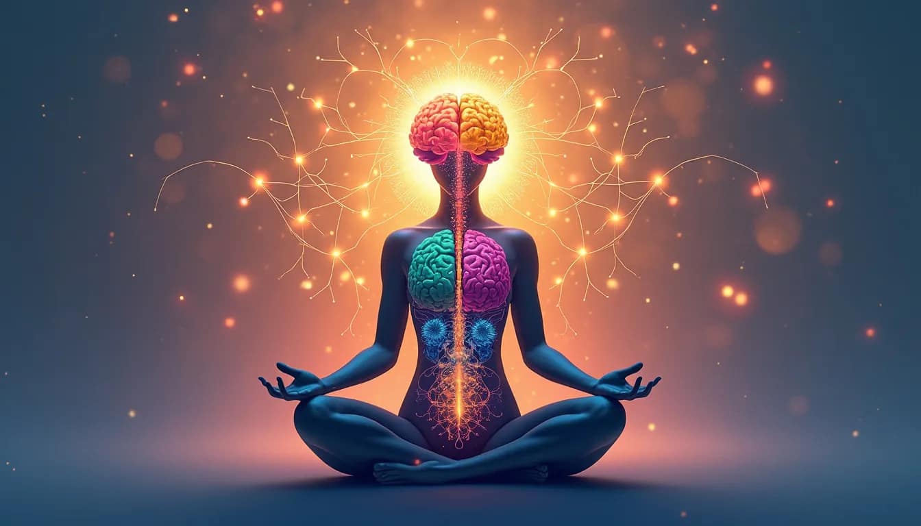 Create an image showing a person in a meditation pose with a serene expression, surrounded by a soft, glowing aura. Behind them, illustrate an anatomically