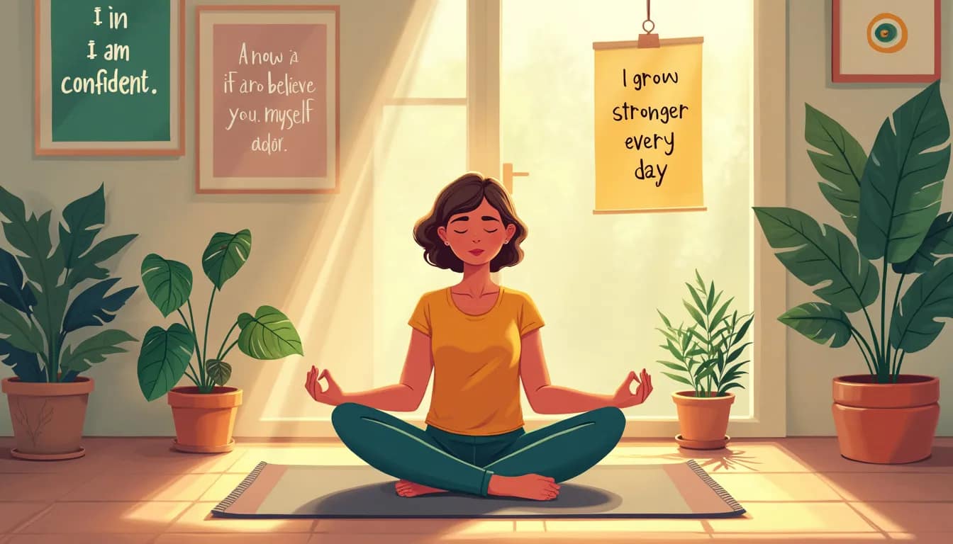 A serene morning scene with a person sitting cross-legged on a yoga mat in a sunlit room, surrounded by motivational posters with affirmations like I am co