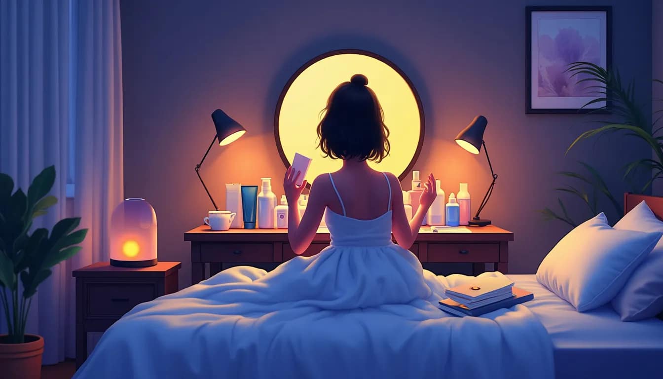 A serene bedroom dimly lit by soft, warm lamps. A person is seen applying skincare products in front of a stylish vanity with an array of carefully organiz
