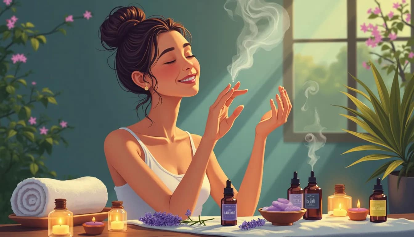 A serene spa scene with a person practicing mindfulness while using essential oils for skin care. The setting should include a calm, natural background wit