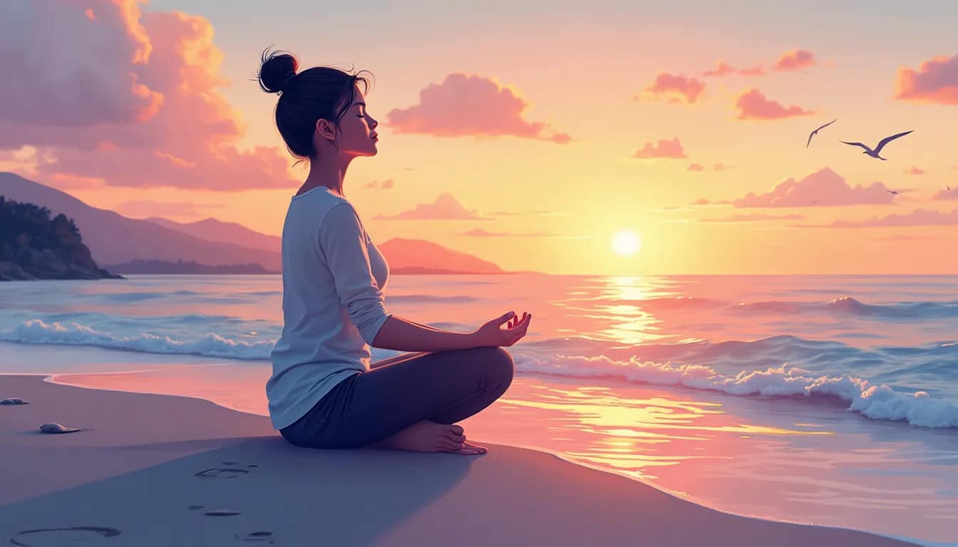 A person sitting cross-legged on a tranquil beach at sunset, practicing mindful breathing; their eyes are closed and they have a calm expression. Gentle wa