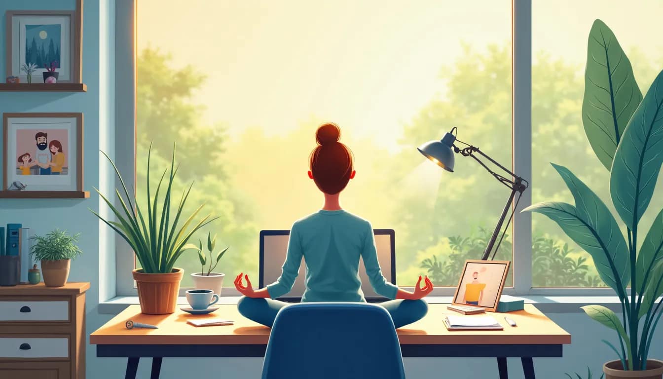 A serene office setting with soft natural light pouring in from large windows, a person sitting at a desk in a meditative pose with a tranquil expression,