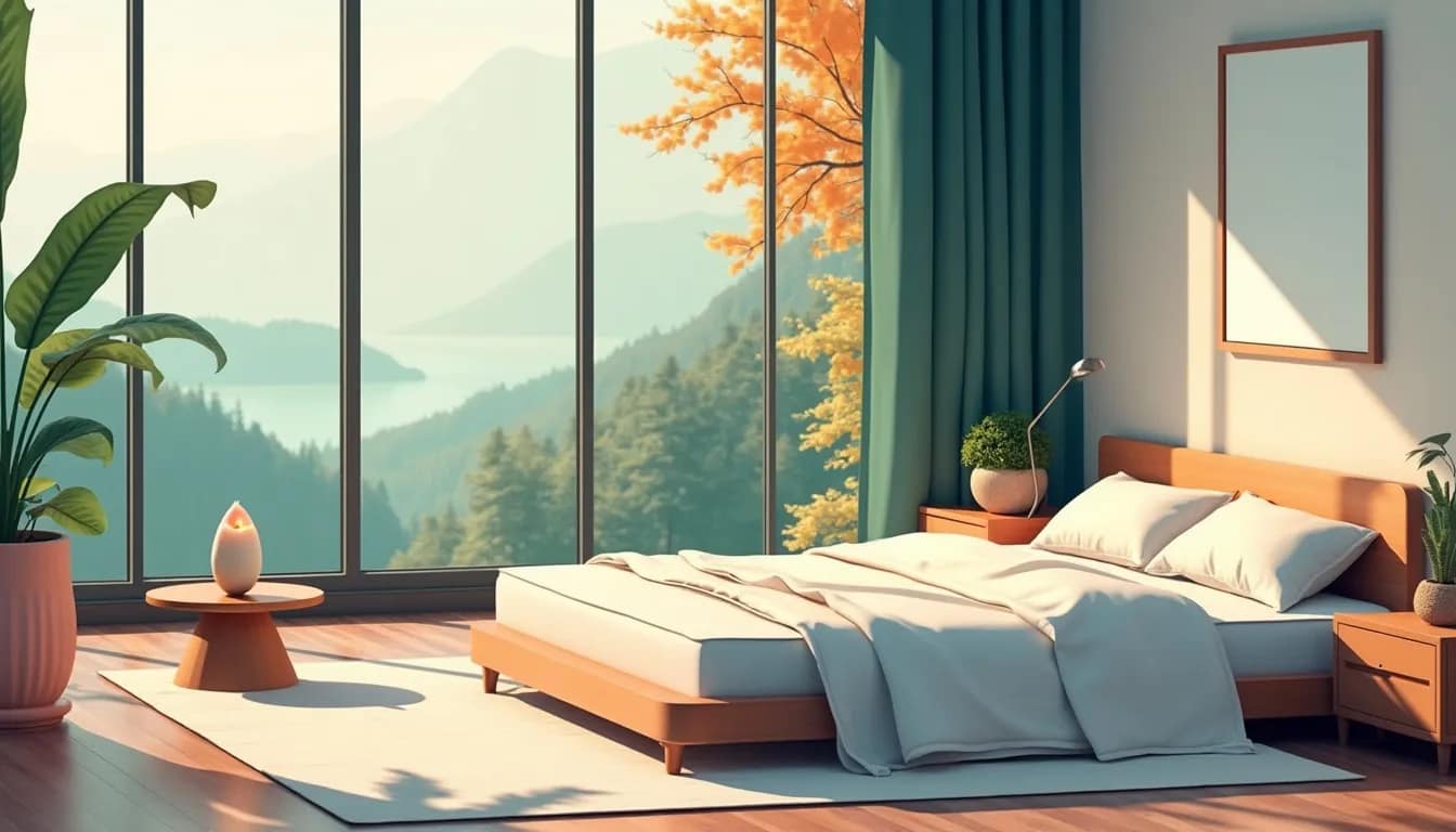 Create an image of a serene bedroom designed to promote mindfulness. The room should feature a minimalistic design with soft, neutral colors, a comfortable