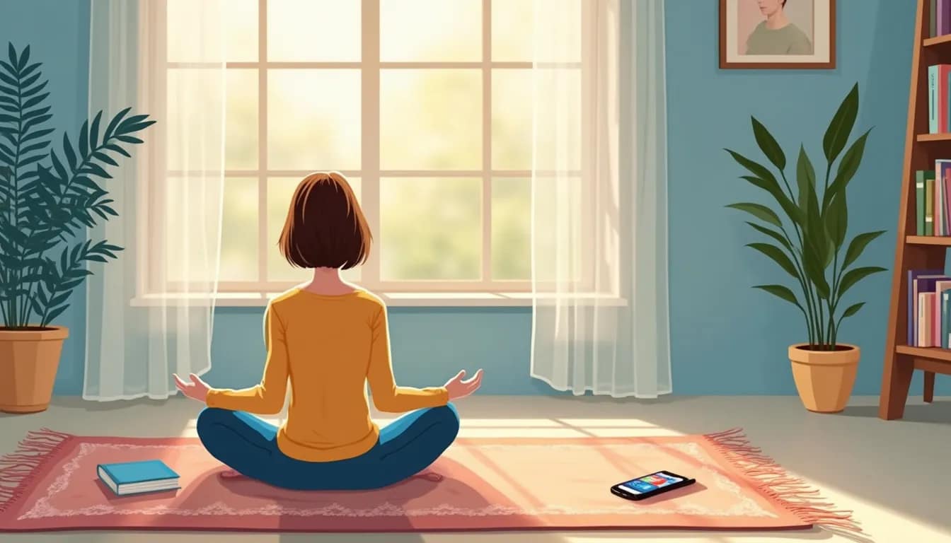 A serene room with soft natural light filtering through a window, where a person sits cross-legged on a cozy rug, meditating. Nearby, a table holds a smart