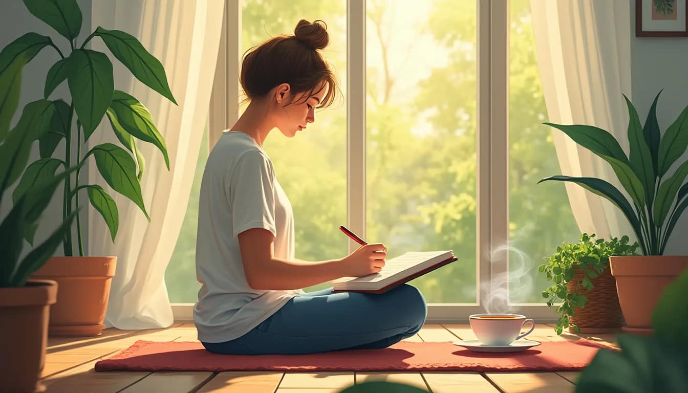 A serene morning scene in a cozy living room with sunlight streaming through large windows. A person is seated comfortably on a cushioned floor mat, surrou