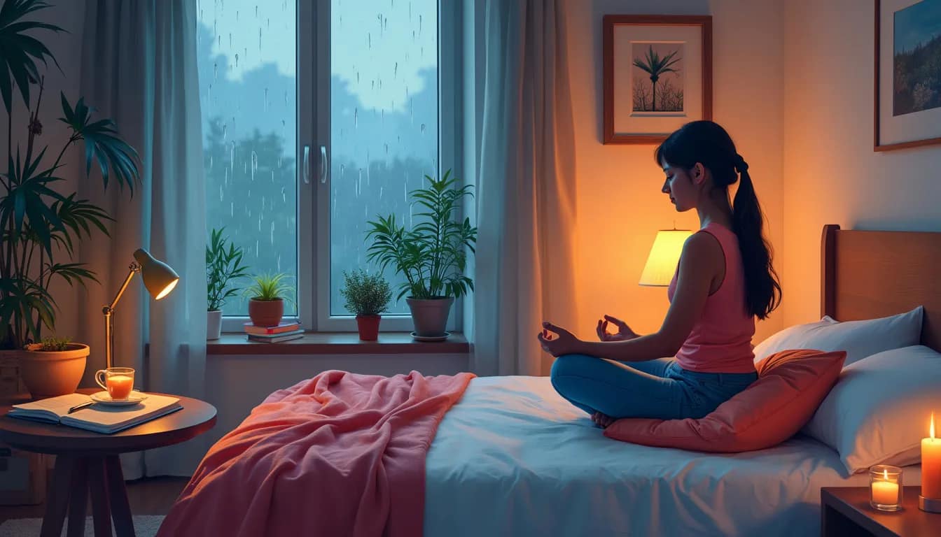 A serene, cozy bedroom with soft lighting where an individual is sitting in a relaxed pose on a cushion, engaging in meditation. On a nearby table, there i