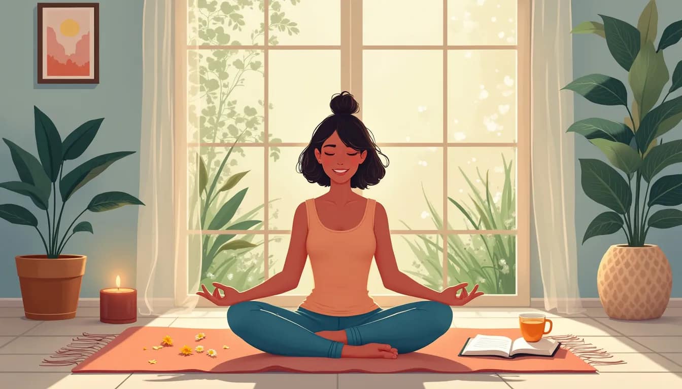 A serene, peaceful room filled with soft natural light, where a woman sits comfortably on a plush yoga mat. She's in a meditative pose with her eyes closed