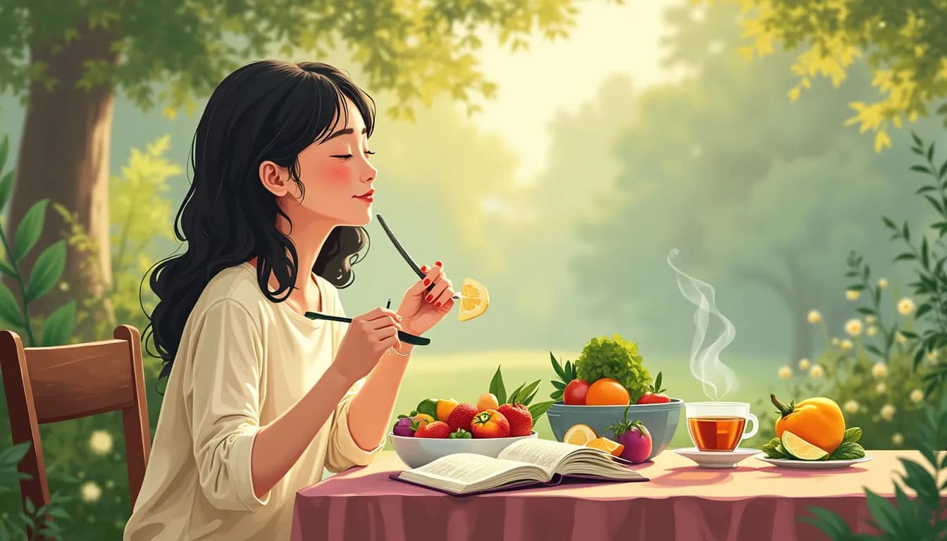 A serene scene of a person sitting at a beautifully set dining table, savoring a small meal of fresh, colorful fruits and vegetables. The background featur