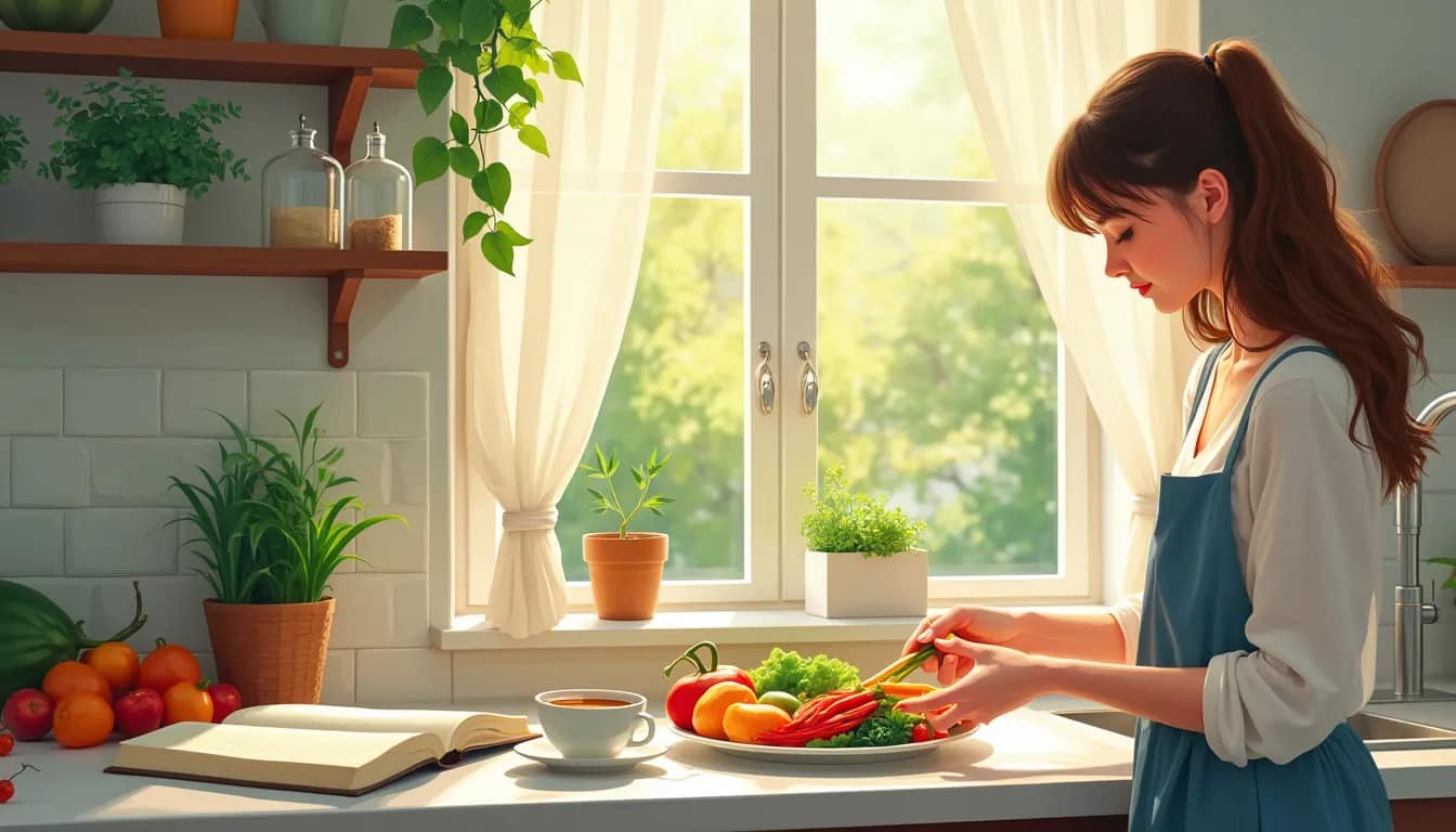 A serene kitchen setting with soft natural lighting, showing a person calmly preparing a colorful and healthy meal. The individual is mindfully arranging f