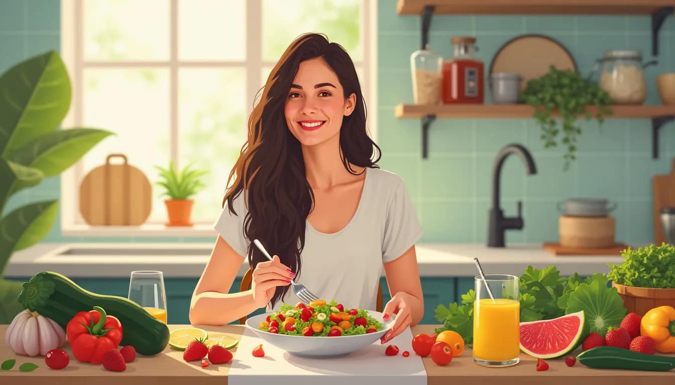 A serene kitchen setting with a person sitting at a beautifully set dining table, savoring a colorful and nutritious meal. The person is smiling, looking c