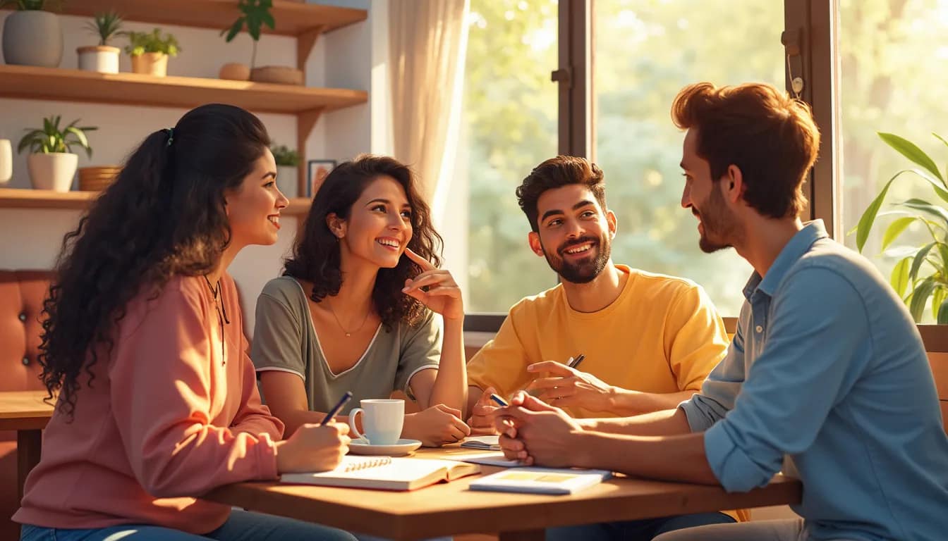 A diverse group of people sitting in a cozy, warmly lit coffee shop, attentively listening to each other in a respectful and engaged manner. Each person is