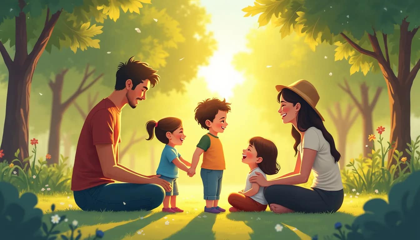 Create an illustration of a serene and diverse family engaging in mindful parenting techniques. Show parents and children participating in activities such