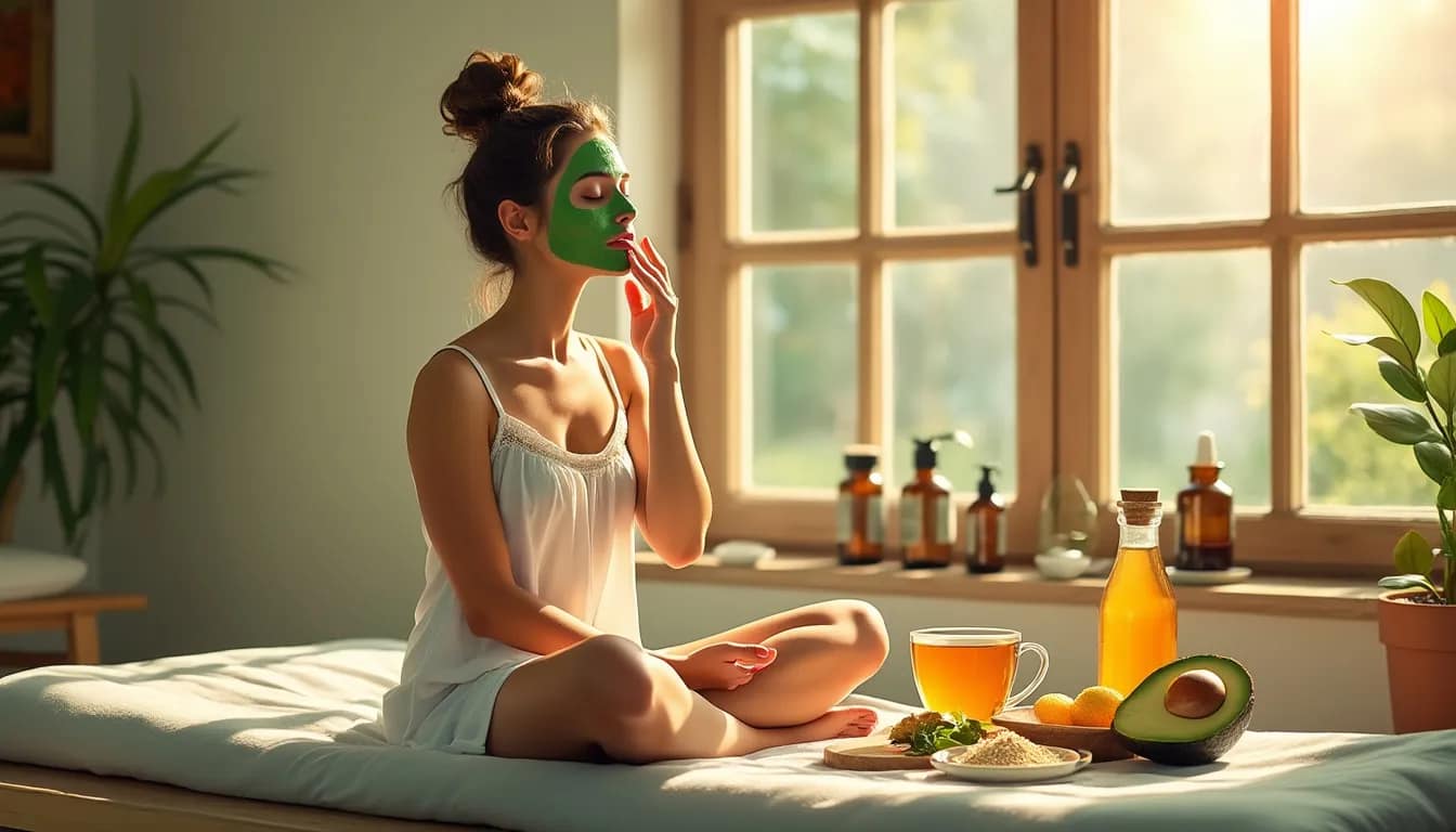 A serene, spa-like setting with a woman practicing mindful skincare. She is applying a natural face mask made from fresh ingredients like avocado, honey, a